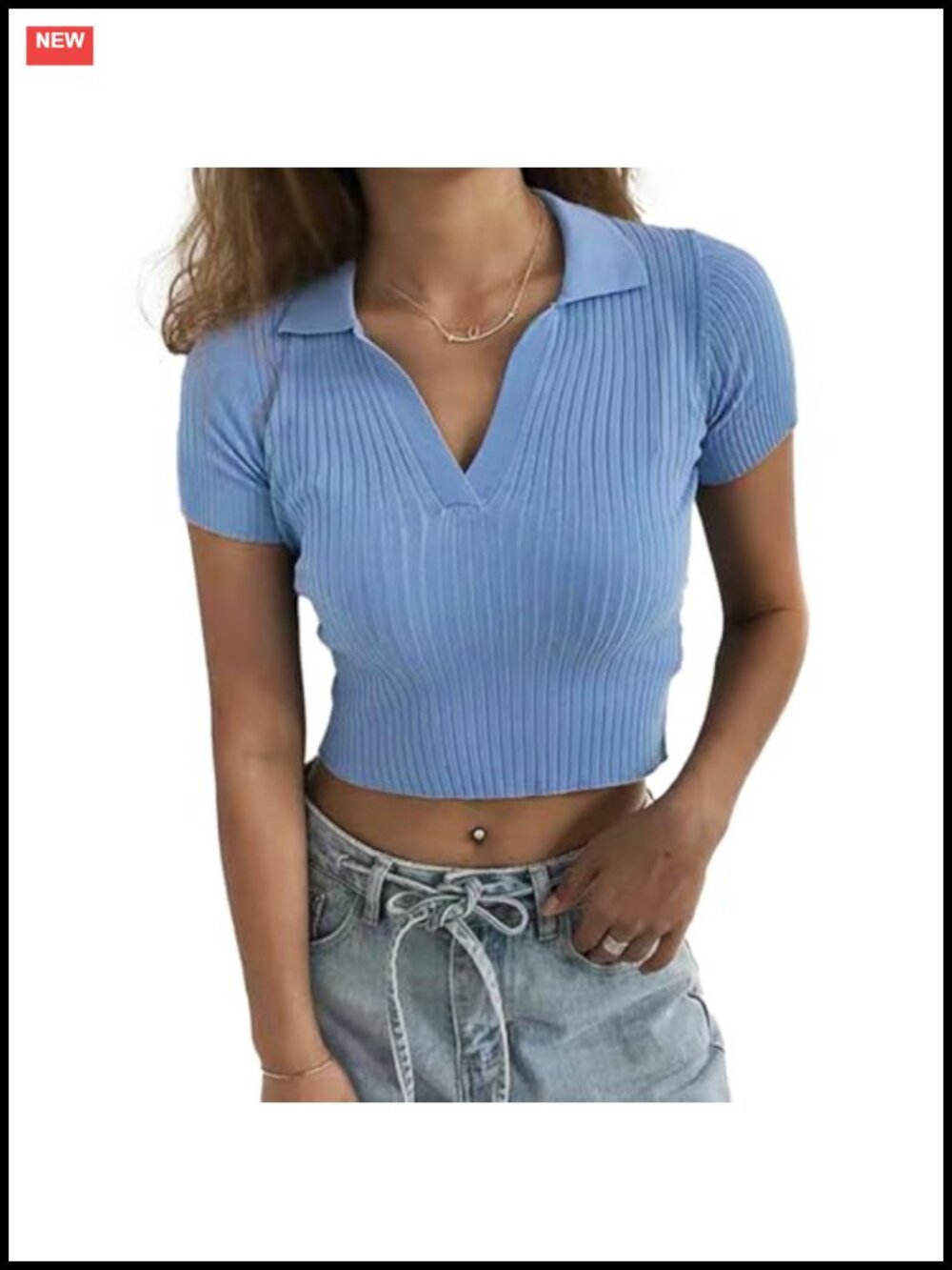 Women Ribbed Knit Crop Polo Shirt Short Sleeve V Neck Fitted Top